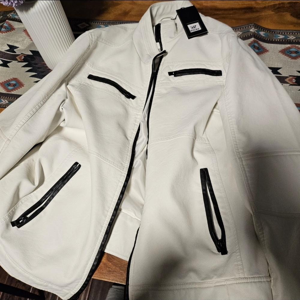 Men's White Leather Jacket with Black Accents